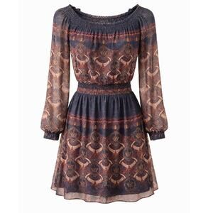 Abercrombie Dress Peasant Off Shoulder Paisley Teal Rust XS Smocked